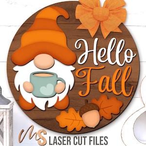 Hello Fall Gnome Sign SVG: Fall Door Hanger SVG Laser Cut Files for Glowforge/Cricut