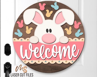 Znak powitalny z wielkanocnym zajączkiem SVG: wiosenny wieszak na drzwi z motywem wielkanocnym, pliki wycinane laserowo, Glowforge/Cricut