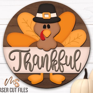 Fall Thanksgiving Door Hanger Svg - Turkey Thanksgiving Sign Svg - Thankful Turkey Svg - Laser Cut Files - Fall Door Sign - Glowforge Cricut