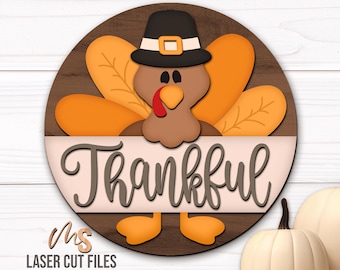 Fall Thanksgiving Door Hanger Svg - Turkey Thanksgiving Sign Svg - Thankful Turkey Svg - Laser Cut Files - Fall Door Sign - Glowforge Cricut