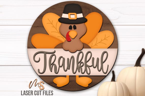 Fall Thanksgiving Door Hanger Svg - Turkey Thanksgiving Sign Svg - Thankful Turkey Svg - Laser Cut Files - Fall Door Sign - Glowforge Cricut