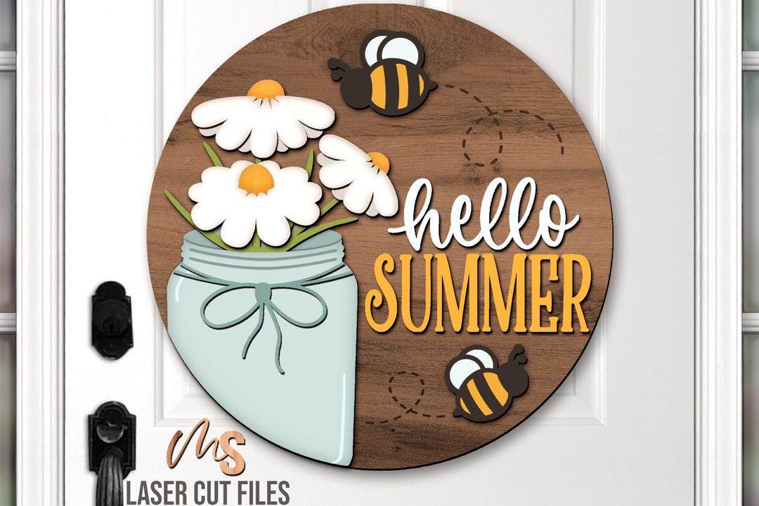 Mason Jar Daisy Summer Door Hanger Svg - Hello Summer Welcome Sign Svg ...