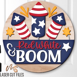 Fireworks 4th Of July Door Hanger Svg - 4th of July Welcome Sign Svg - Laser Cut Files - Patriotic Door Sign Svg - Glowforge Cricut