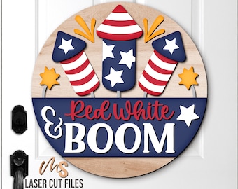 Fireworks 4th Of July Door Hanger Svg - 4th of July Welcome Sign Svg - Laser Cut Files - Patriotic Door Sign Svg - Glowforge Cricut
