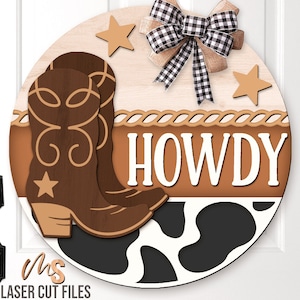 Howdy western deurhanger Svg - cowboylaars Svg - westelijke deur teken - Lasergesneden bestanden - welkomstbord Svg - westerse Svg - Glowforge Cricut