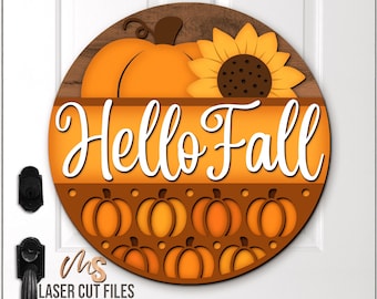 Sunflower Pumpkin Door Hanger SVG: Hello Fall Sign SVG Laser Cut Files Glowforge/Cricut
