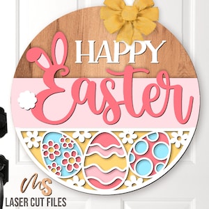 Cartello di benvenuto di Pasqua felice SVG - Appendino per porta di Pasqua SVG - Uova di Pasqua SVG - File tagliati al laser - Cartello per porta di primavera di Pasqua - Glowforge Cricut