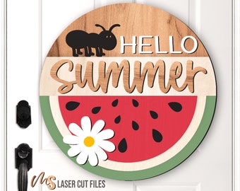 Hello Summer SVG - Watermelon Door Hanger Svg - Watermelon Svg - Daisy Svg - Laser Cut Files - Summer Welcome Sign - Glowforge Files