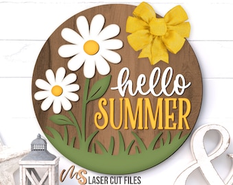Daisy Hello Summer Door Hanger Svg - Summer Welcome Sign Svg - Daisy Svg - Laser Cut Files - Floral Summer Door Sign Svg - Glowforge Cricut