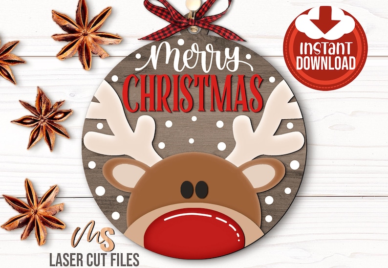 Reindeer Merry Christmas Ornament SVG - Reindeer Ornament Svg - Merry Christmas Svg - Reindeer Svg - Laser Cut Files - Glowforge Files - Reindeer Christmas Ornament - Christmas Decorations - Christmas Decor - Ornament Svg - Round Wood Ornament