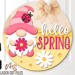 Accroche-porte nain printanier Hello Spring - Svg de signe de bienvenue printanier - Spring Gnome Svg - fichiers découpés au Laser - Spring Gnome signe Svg - Glowforge Cricut
