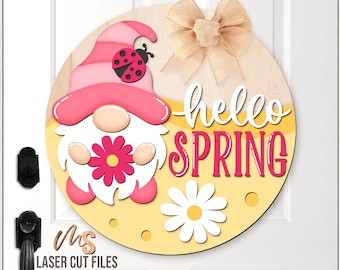 Hello Spring Gnome Door Hanger SVG - Spring Welcome Sign Svg - Spring Gnome Svg - Laser Cut Files - Spring Gnome Sign Svg - Glowforge Cricut