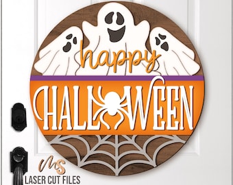 Colgador de puerta fantasma de Halloween Svg - Letrero de feliz Halloween Svg - Fantasma Svg - Archivos cortados con láser - Letrero de puerta de Halloween - Glowforge Cricut