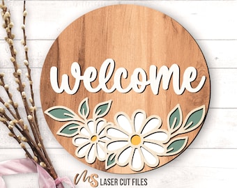 Daisy Welcome Sign SVG - Flower Door Hanger Svg - Daisy Svg - Floral Door Sign - Laser Cut Files - Spring & Summer Decor - Glowforge Files