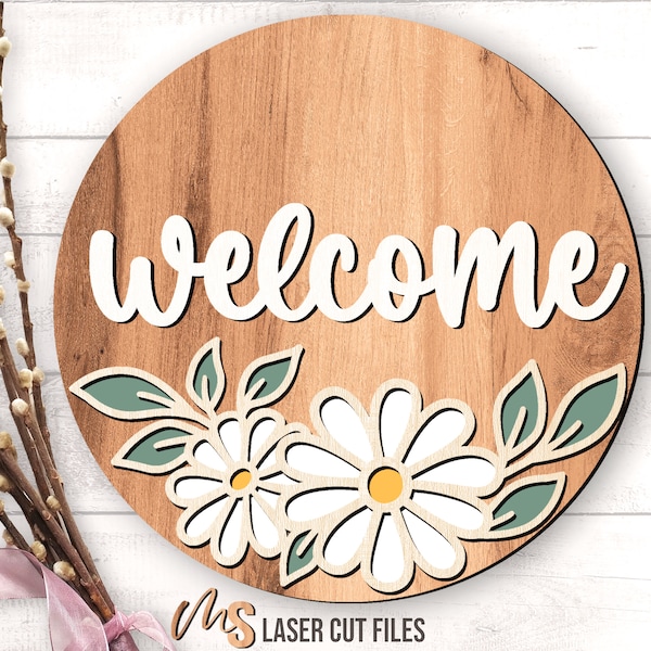 Daisy welkom teken SVG - bloem deur hanger Svg - Daisy Svg - bloemen deur teken - lasergesneden bestanden - lente & zomer decor - Glowforge-bestanden