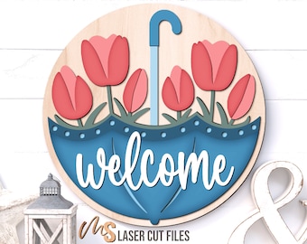 Floral Umbrella Welcome Sign Svg - Spring Umbrella Door Hanger Svg - Laser Cut Files - Tulip Door Hanger - Spring Door Sign Glowforge Cricut
