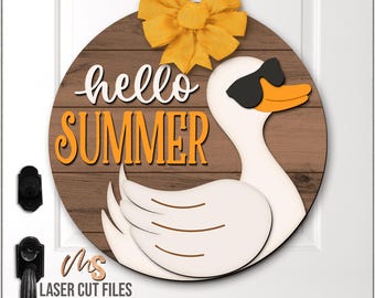 Goose Hello Summer Door Hanger Svg - Summer Welcome Sign Svg - Cute Goose Svg - Laser Cut Files - Hello Summer Door Sign - Glowforge Cricut