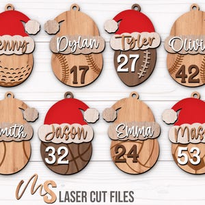 SVG Laser Cut Files for a bundle of 8 Custom Sports Ornaments including a Softball, Baseball, Golf Ball, Football, Soccer Ball, Tennis Ball, Basketball, and Volleyball all wearing a Santa Hat with a space on the brim of the hat for adding your own custom name or text, as well as your own custom jersey numbers! Create fun Sports themed Christmas Ornaments, Custom Christmas Gift Tags, Car Charm Accessories, and other Christmas Decorations!