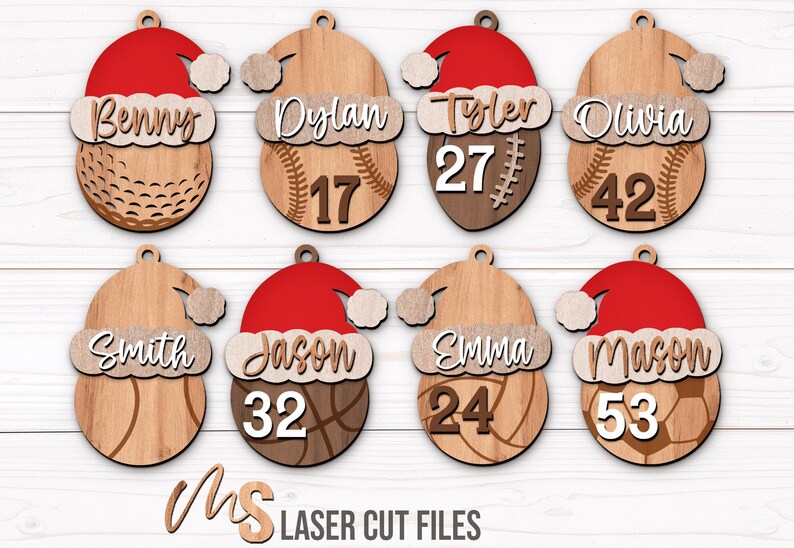 SVG Laser Cut Files for a bundle of 8 Custom Sports Ornaments including a Softball, Baseball, Golf Ball, Football, Soccer Ball, Tennis Ball, Basketball, and Volleyball all wearing a Santa Hat with a space on the brim of the hat for adding your own custom name or text, as well as your own custom jersey numbers! Create fun Sports themed Christmas Ornaments, Custom Christmas Gift Tags, Car Charm Accessories, and other Christmas Decorations!