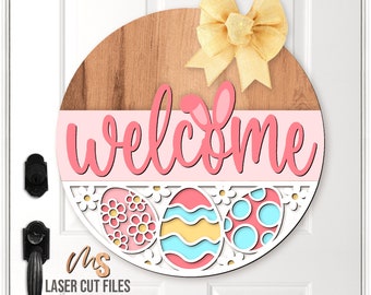 Wielkanocny znak powitalny SVG - Wielkanocny wieszak na drzwi SVG - Pisanki SVG - Pliki wycinane laserowo - Wielkanocny znak na drzwi - Wielkanoc SVG - Glowforge Cricut