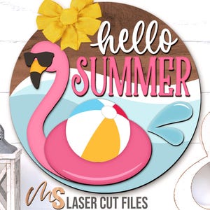 Flamingo Hello Summer Pool Sign Svg -  Summer Door Hanger Svg - Summer Welcome Sign Svg - Laser Cut Files - Pool Decor - Glowforge Cricut