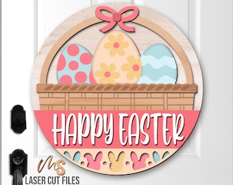Wesołe pisanki w formacie SVG: Wielkanocne zawieszki na drzwi, pliki wycinane laserowo dla Glowforge/Cricut