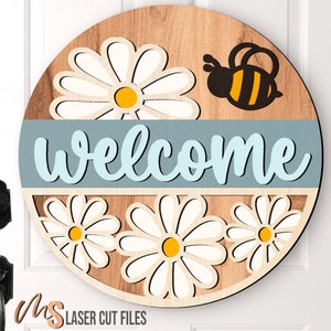 Daisy Welcome Sign SVG - Daisy Bee Door Hanger Svg - Daisy Svg - Bee Svg - Floral Door Sign - Laser Cut Files - Glowforge Files