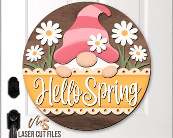 Hello Spring Gnome Door Hanger SVG: Spring Welcome Sign Laser Cut Files Glowforge/Cricut