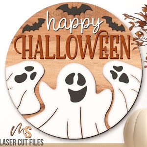 Happy Halloween signe Svg - accroche-porte Halloween - Svg fantôme - fichiers découpés au Laser - Halloween plaque de porte - décoration automne - Glowforge Cricut