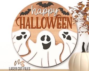 Ghost Happy Halloween Sign SVG: Halloween Door Hanger SVG Laser Cut Files for Glowforge/Cricut