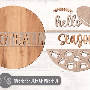 May include: A wooden sign with the words "FOOTBALL Season" and a football design. The sign is made of wood and has a rustic look.