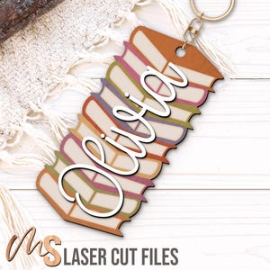 Stacked Books Backpack Tag Svg - Kids Book Bag Tag Svg - Back To School Keychain Svg - Laser Cut Files - Custom Name Tag - Glowforge Cricut