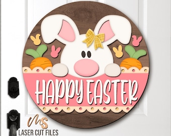 Colgador de puerta de conejito de Pascua SVG: Letrero de Feliz Pascua, archivos cortados con láser Glowforge/Cricut