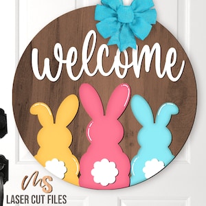 Lapin de Pâques Bienvenue signe SVG - accroche-porte Pâques Svg - lapin de Pâques Svg - fichiers découpés au Laser - panneau de porte Pâques printemps - Glowforge Cricut