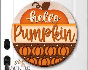 Hello Pumpkin Fall Door Hanger SVG: Fall Welcome Sign Laser Cut File Glowforge/Cricut