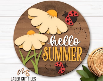 Daisy Summer Door Hanger Svg - Hello Summer Welcome Sign Svg - Ladybug Svg - Summer Laser Cut Files - Summer Door Sign - Glowforge Cricut
