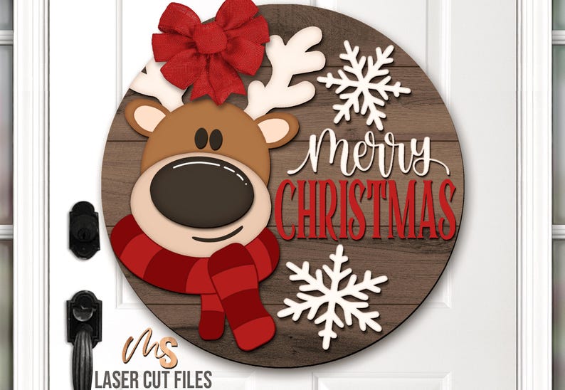 Reindeer Merry Christmas Sign SVG - Christmas Door Hanger Svg - Reindeer Svg - Laser Cut Files - Christmas Door Sign - Glowforge Files - Merry Christmas Svg - Reindeer Door Hanger - Reindeer Sign - Christmas Porch Sign - Christmas Decor - CNC Files