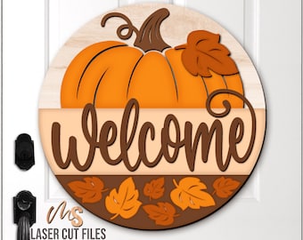 Herbst Kürbis Willkommensschild SVG: Herbstlaub Türschild Laser Cut Files Glowforge/Cricut