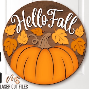Accrocheur de porte automne bonjour SVG - citrouille - panneau de porte de porche automne - fichiers découpés au Laser - panneau de bienvenue automne Svg - décoration automne - Glowforge Cricut