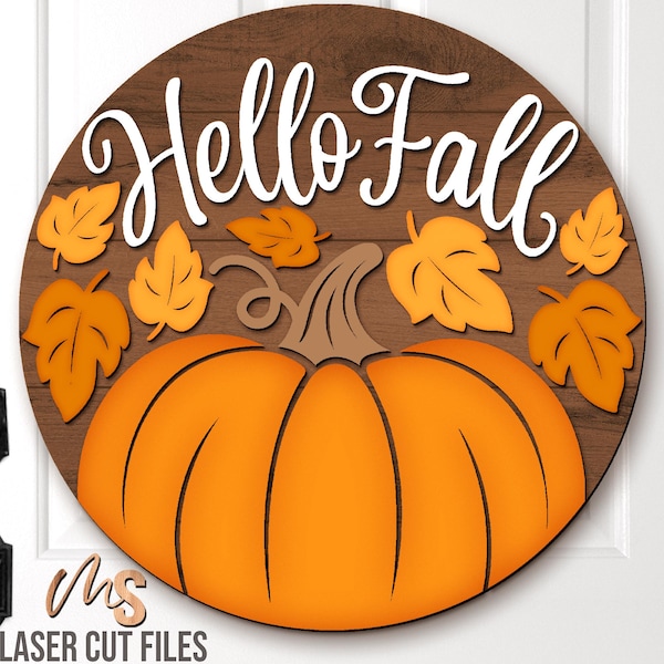 Hello Fall Door Hanger SVG - Pumpkin Svg - Fall Porch Door Sign - Laser Cut Files - Fall Welcome Sign Svg - Fall Decor - Glowforge Cricut