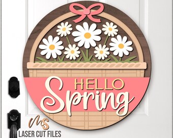 Daisy Hello Spring Door Hanger Svg - Spring Welcome Sign Svg - Daisy Flowers Svg - Laser Cut Files - Spring Door Sign - Glowforge Cricut