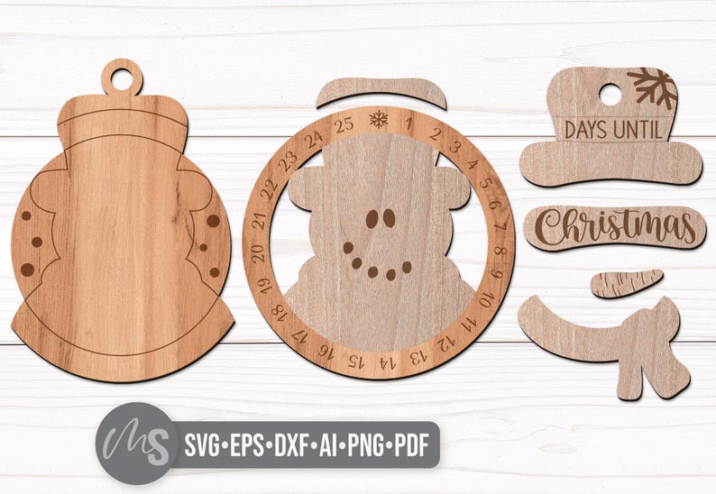 SVG Laser Cut Files for a Christmas Countdown Snowman Ornament featuring a cute snowman wearing a scarf and top hat adorned with a snowflake. His scarf covers a round turning wheel with 25 numbered days until Christmas, and his hat provides a window at the top to show how many days you have left! Turn the wheel each day until you reach the snowflake on Christmas morning!