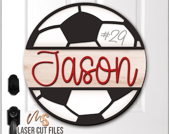 Monogram Soccer Svg - Soccer Door Hanger Svg - Soccer Ball Name Sign Svg - Laser Cut Files - Custom Soccer Door Sign - Glowforge Cricut