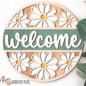 Daisy Welcome Sign SVG - Floral Door Hanger Svg - Daisy Svg - Floral Door Sign - File tagliati al laser - Decorazioni primaverili ed estive - File Glowforge