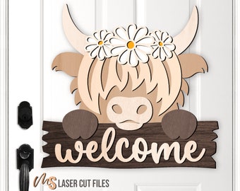 Highland Cow Door Hanger Svg - Welcome Sign Svg - Daisy Svg - Cow Svg - Cow Door Sign - Farmhouse Sign - Laser Cut Files - Glowforge Files
