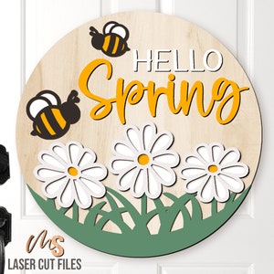 Spring Door Hanger Svg - Hello Spring Sign Svg - Daisy Svg - Bee Svg - Spring Welcome Sign Svg - Laser Cut Files - Glowforge Files - Cricut
