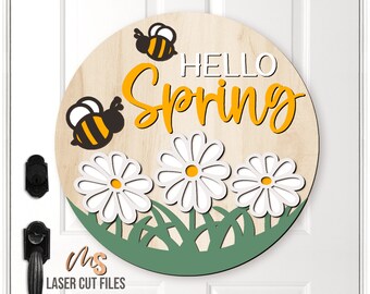 Daisy Bee Spring Door Hanger SVG: Hello Spring Welcome Sign Laser Cut Files Cricut
