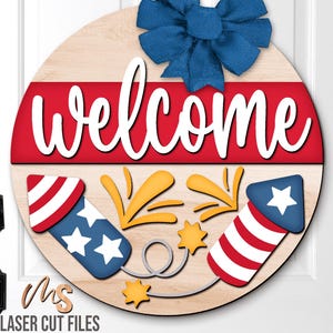 Feuerwerk Willkommensschild 4. Juli Türschild - 4. Juli Türschild - Laser Cut Dateien - Patriotisches Türschild - Glowforge Cricut