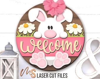 Floral Easter Bunny Welcome Sign SVG: Easter Door Hanger Laser Cut Files Glowforge/Cricut
