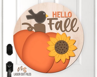 Hello Fall Door Hanger SVG - Pumpkin Svg - Sunflower Svg - Fall Welcome Sign Svg - Laser Cut Files - Fall Door Sign - Fall Decor - Glowforge